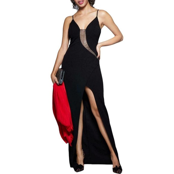 Emerald Sundae Stretchy Rhinestone Cocktail Gown Prom Black Wedding Maxi Dress - Picture 1 of 16